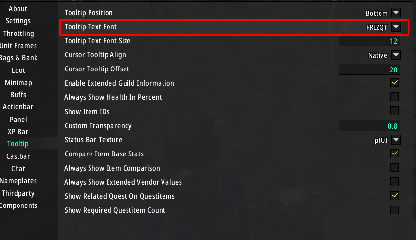 pfUI Tooltip Settings with FRITZQT selected as the Tooltip Text font