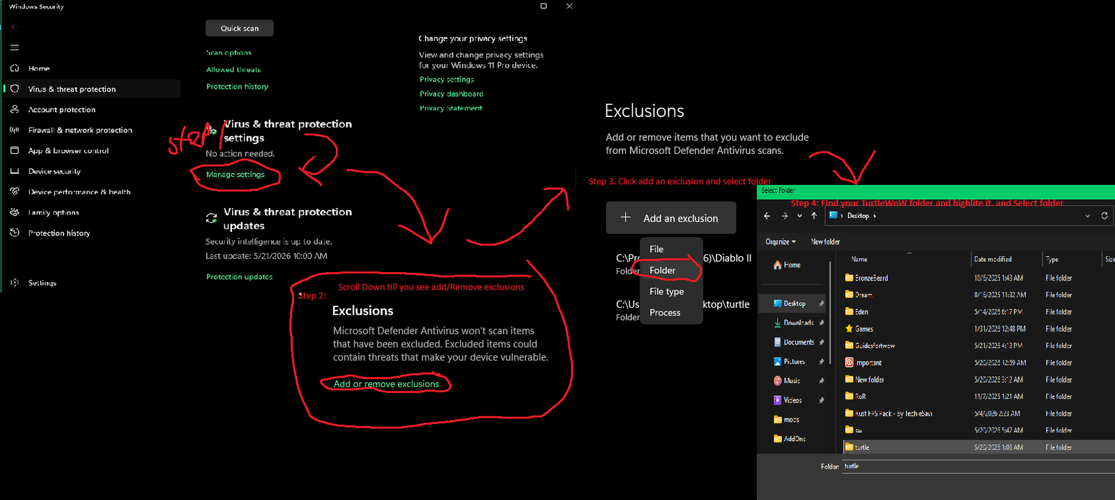 Windows Security Add or remove exclusions screen with the TurtleWoW folder added as a folder exclusion