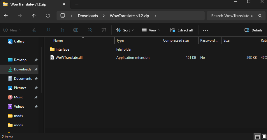 The opened WoW Translator zip showing the Interface folder and the .dll file