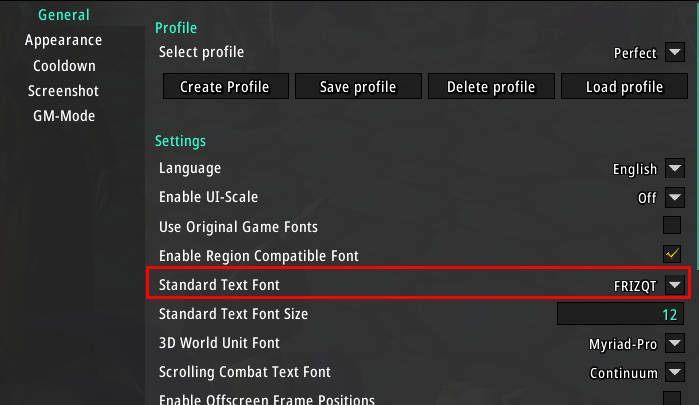 pfUI General Settings with FRITZQT selected as the Standard Text font