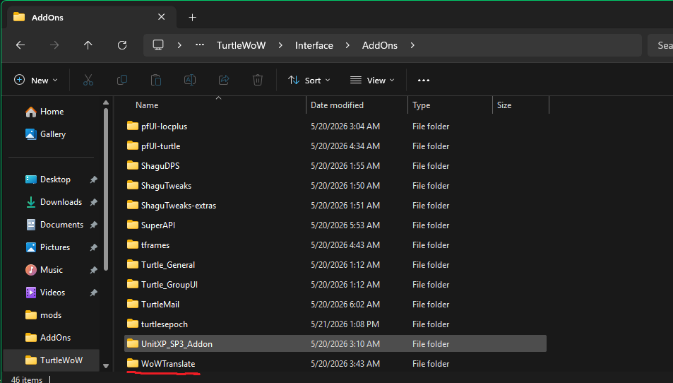 The Interface/AddOns folder containing the WoW Translator addon