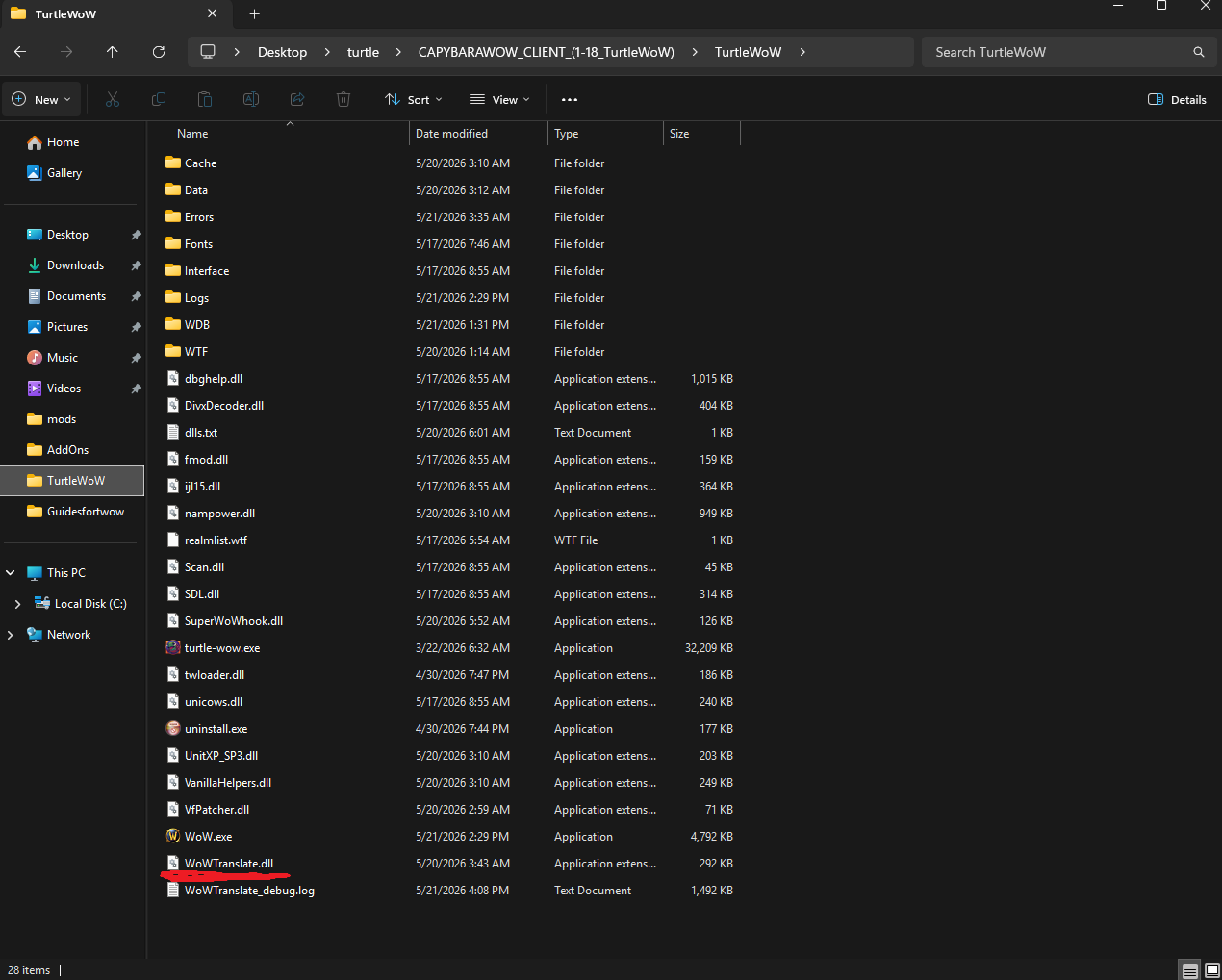 The TurtleWoW main folder after copying, now containing the .dll and the addon